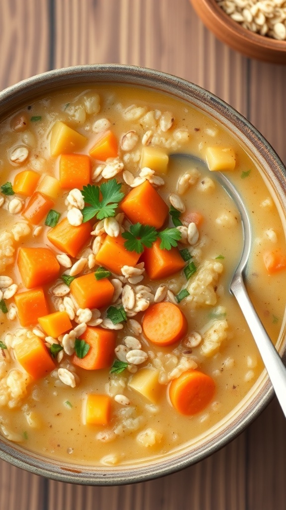 A bowl of savory oat soup with oats, carrots, and onions, garnished with parsley on a wooden table.